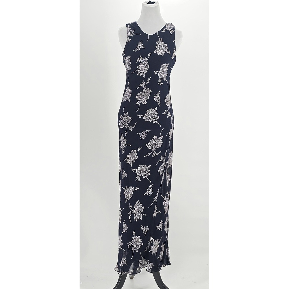 VINTAGE DJ Int'l Dress Womens Small Navy‎ Blue Floral Maxi Sleeveless Lined 90s
